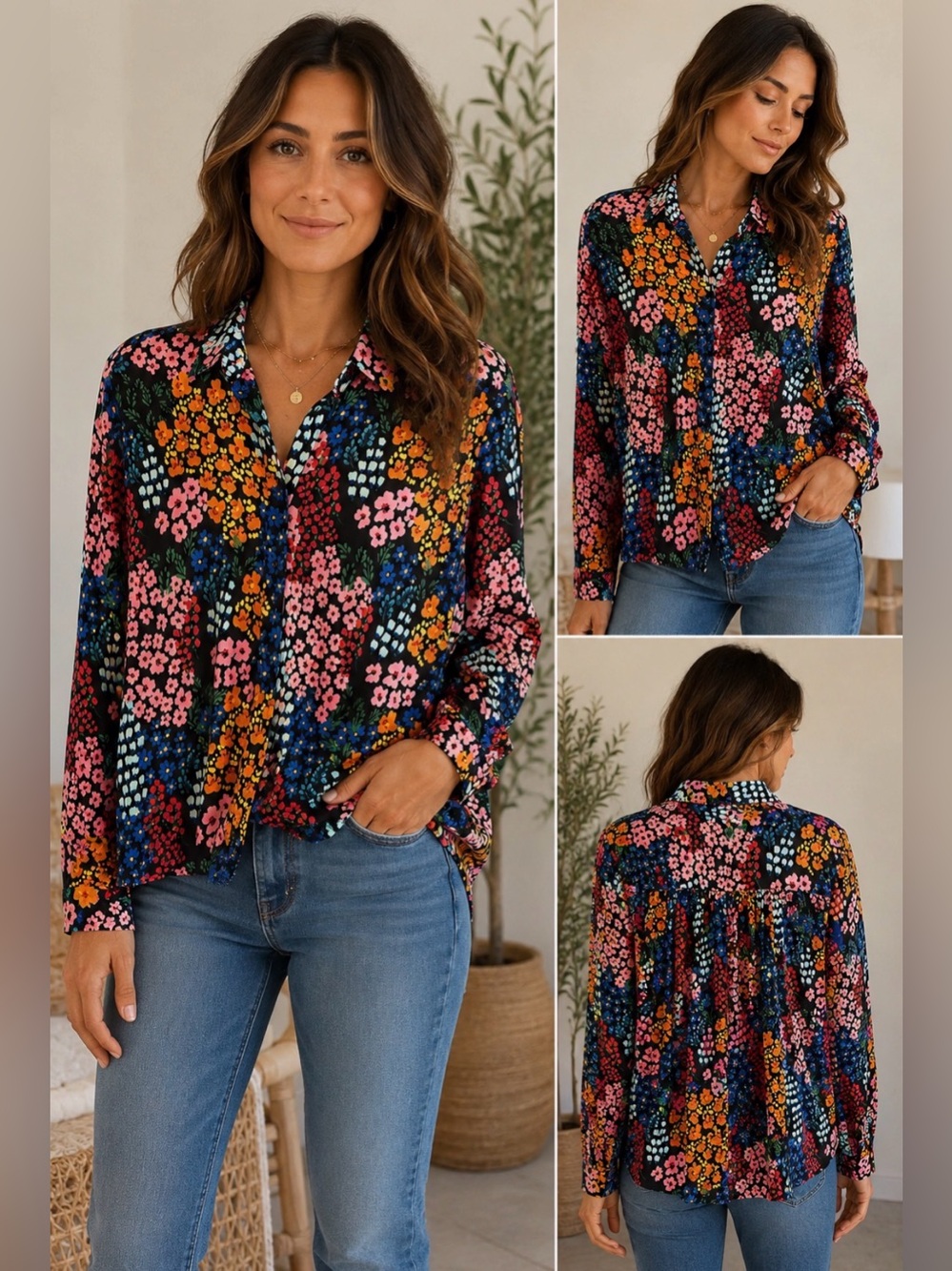Johnny Was JADE Floral Blouse M eclectic Multicolor Pleated Boho Button Down Top
